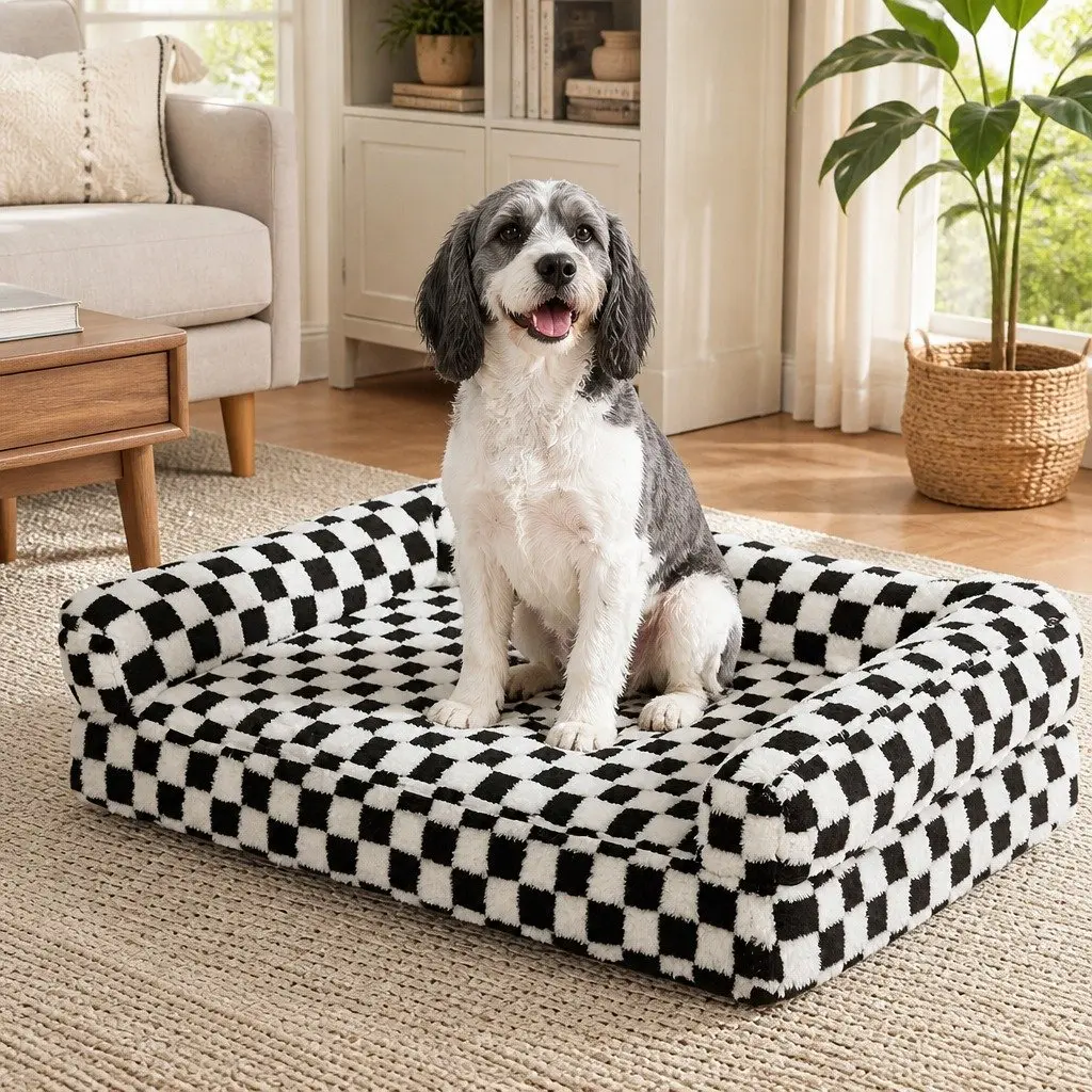 Orthopedic Dog Bed Memory Foam Checkered Sherpa Fabric Small Black and White
