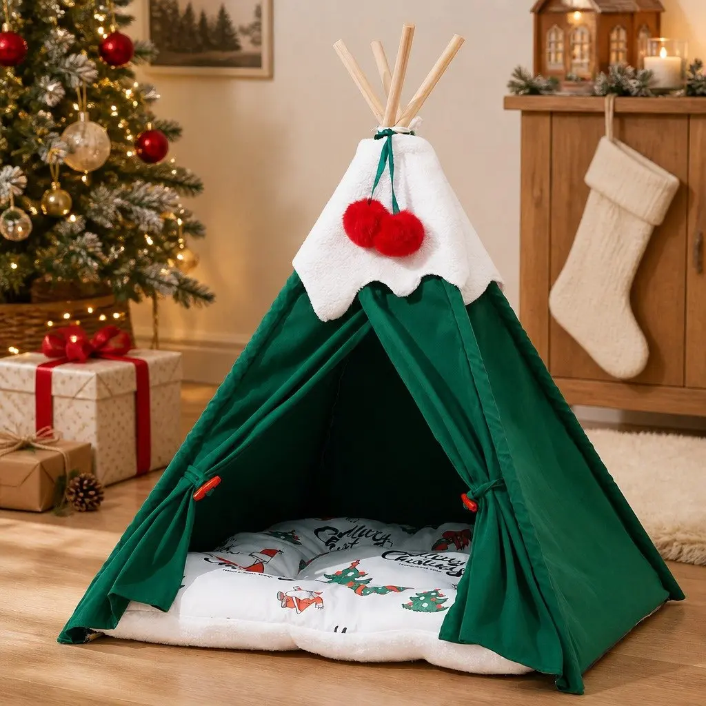 Pet Tent Bed Polyester Green Small Size Indoor Dog Cat Teepee Hideaway