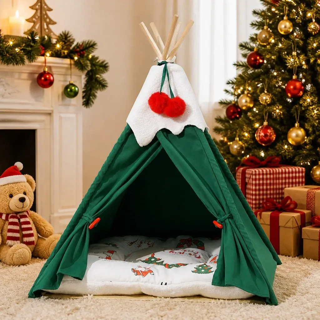 Pet Tent Bed Polyester Green Small Size Indoor Dog Cat Teepee Hideaway
