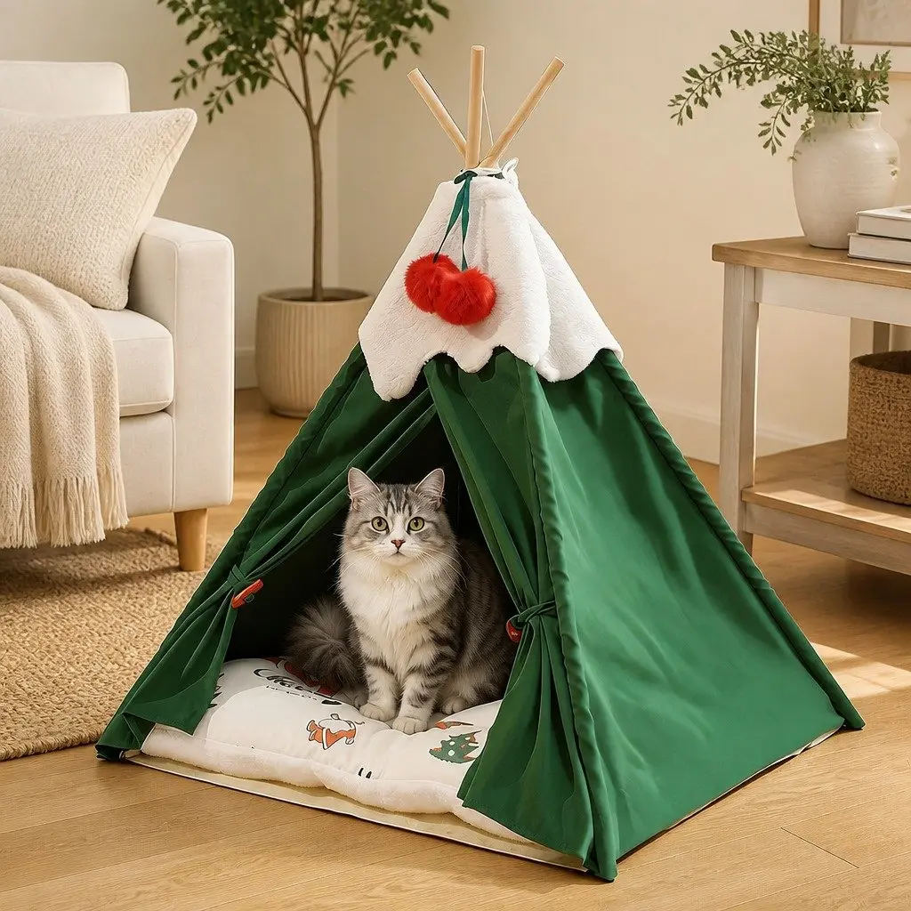 Pet Tent Bed Polyester Green Small Size Indoor Dog Cat Teepee Hideaway