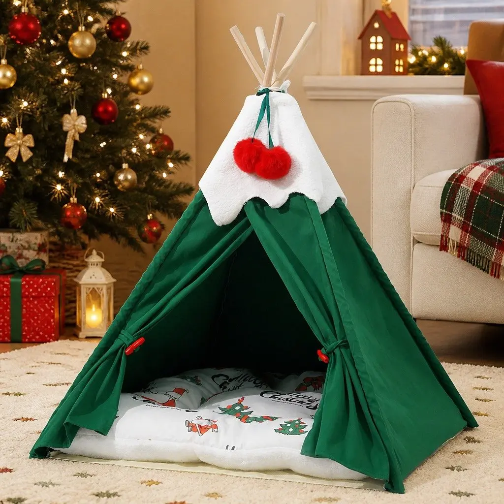 Pet Tent Bed Polyester Green Small Size Indoor Dog Cat Teepee Hideaway