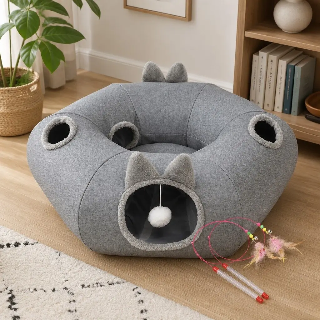 Cat Tunnel Bed Burlap 85cm x 80cm x 26cm Grey