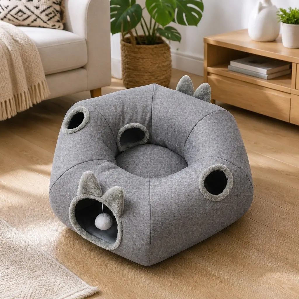 Cat Tunnel Bed Burlap 85cm x 80cm x 26cm Grey