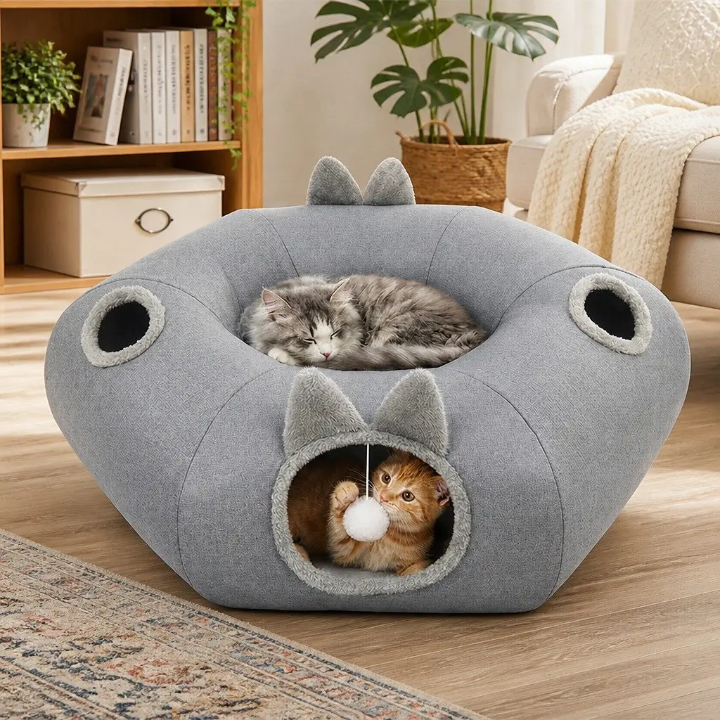 Cat Tunnel Bed Burlap 85cm x 80cm x 26cm Grey