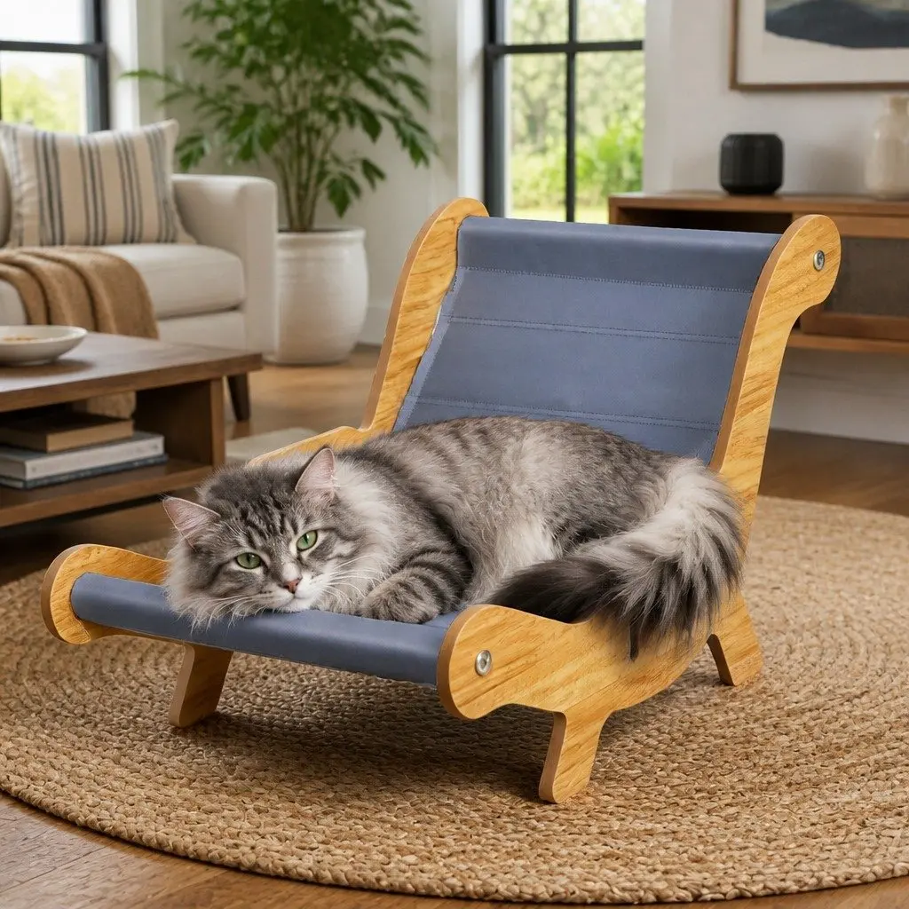 L-Shaped Cat Cooling Bed Indoor Grey Wood Elevated Gel Sofa Lounger