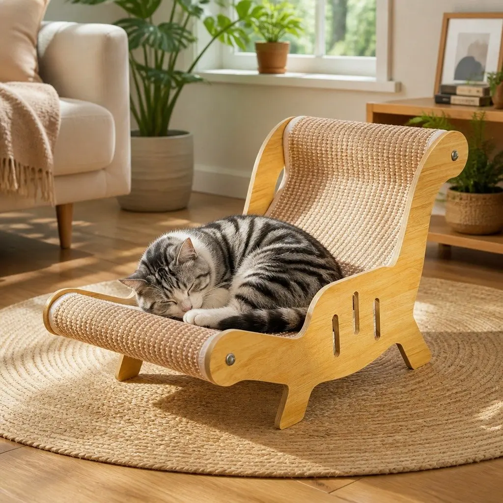 Cat Scratcher Bed Lounge Chair Two-in-One Cotton-Linen Blend Light Wood Light Brown 48cm L x 31cm W x 31cm H Indoor Furniture