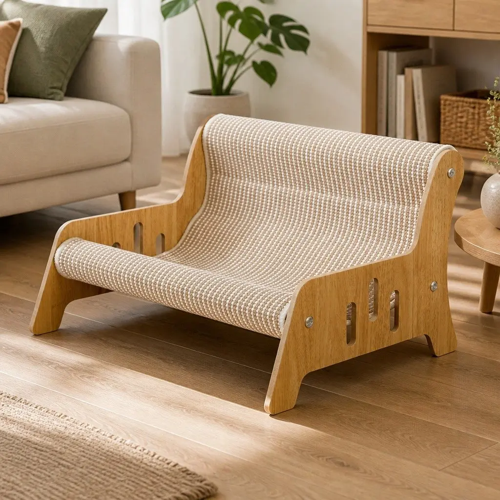 Cat Scratcher Bed Lounge Chair Linen-blend 52cm Light Wood Light Beige