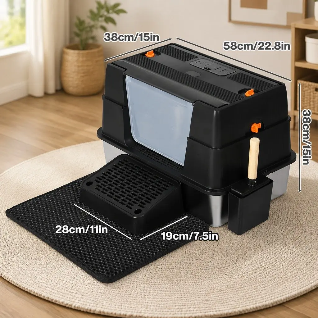 Enclosed Cat Litter Box Stainless Steel Large High Sided Black