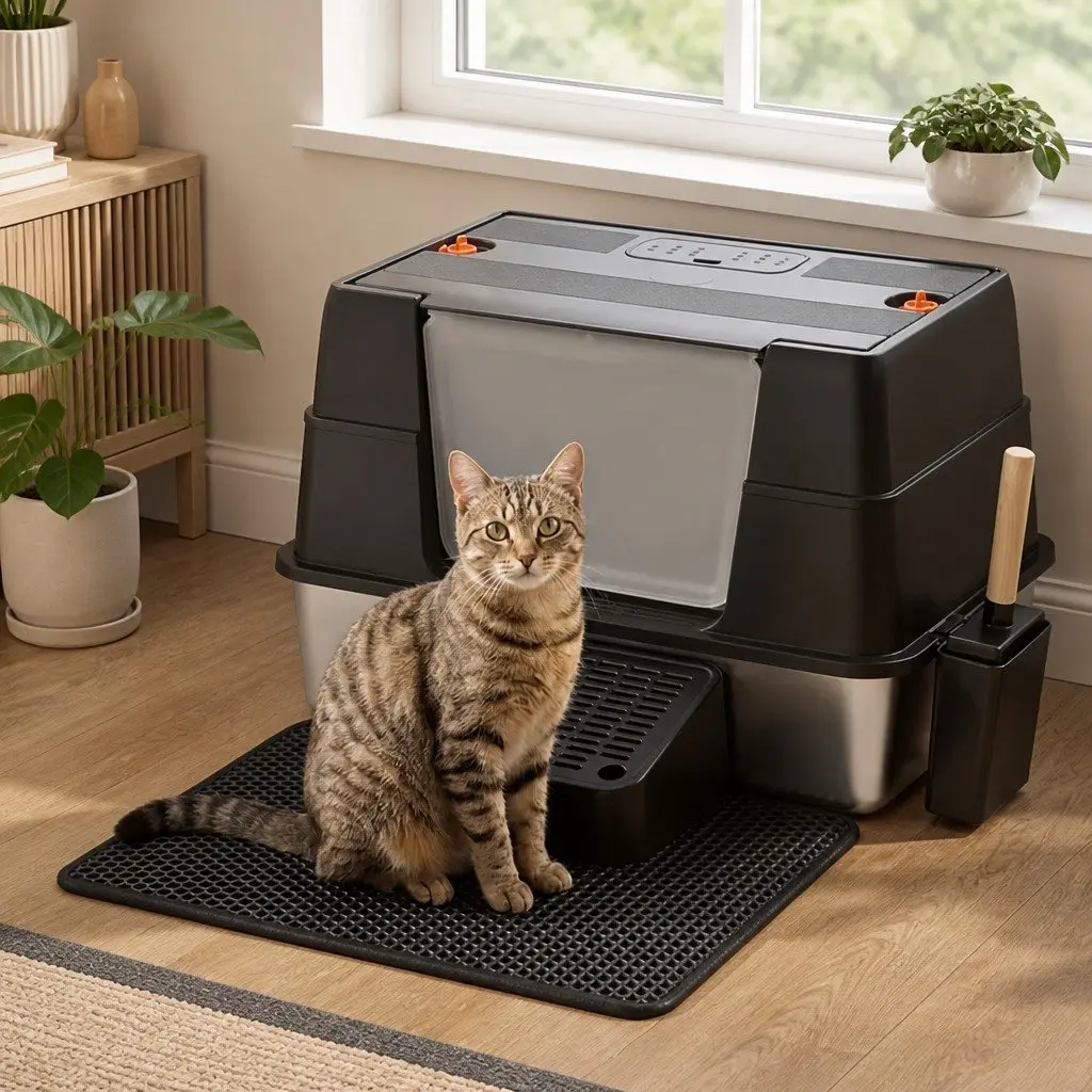 Enclosed Cat Litter Box Stainless Steel Large High Sided Black