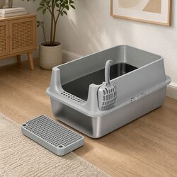 Large Semi-Enclosed Cat Litter Box Stainless Steel High Sided Splash Proof Tray