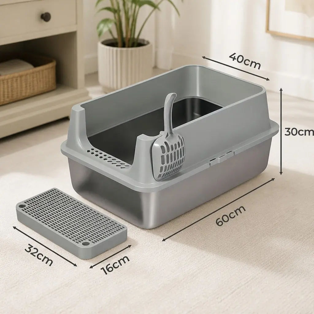 Cat Litter Box Stainless Steel Large Semi-Enclosed High Sided Grey