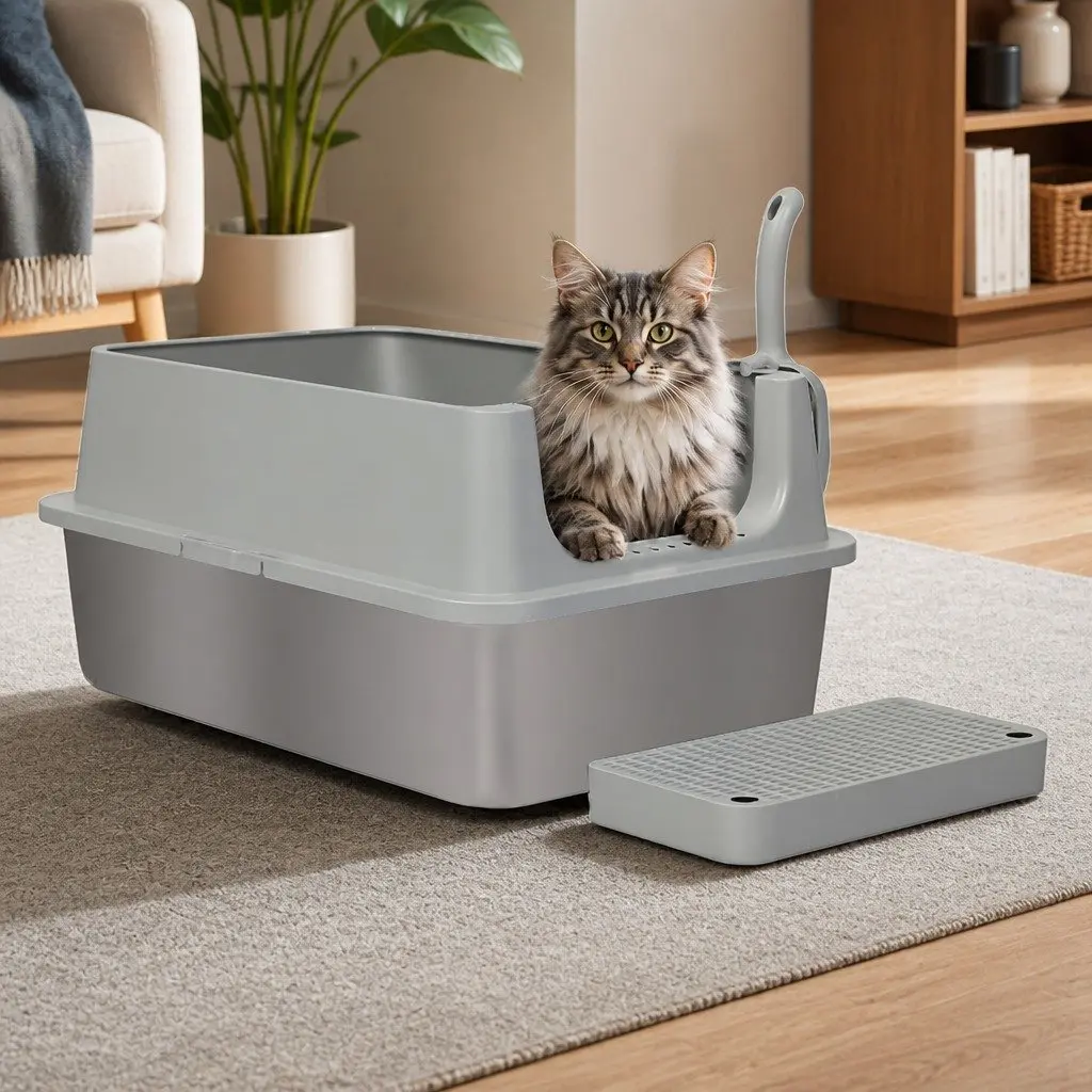 Cat Litter Box Stainless Steel Large Semi-Enclosed High Sided Grey