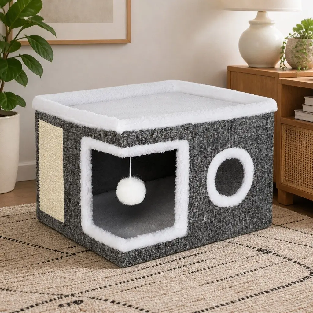 Large Cat House Bed Condo Scratcher Linen Fabric Grey Multi-Level Indoor Cave