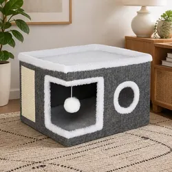 Sturdy Multi-Level Cat House Bed with Scratch Panel