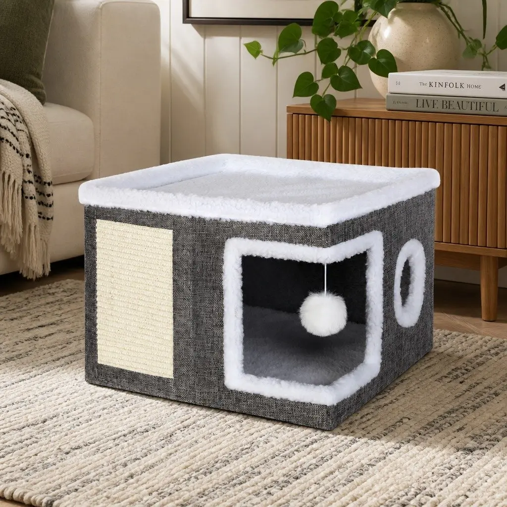 Large Cat House Bed Condo Scratcher Linen Fabric Grey Multi-Level Indoor Cave