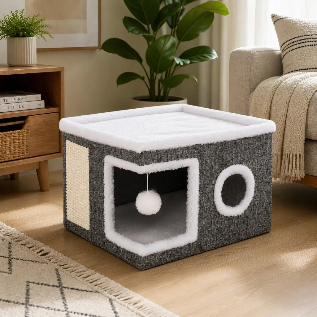 Large Cat House Bed Condo Scratcher Linen Fabric Grey Multi-Level Indoor Cave