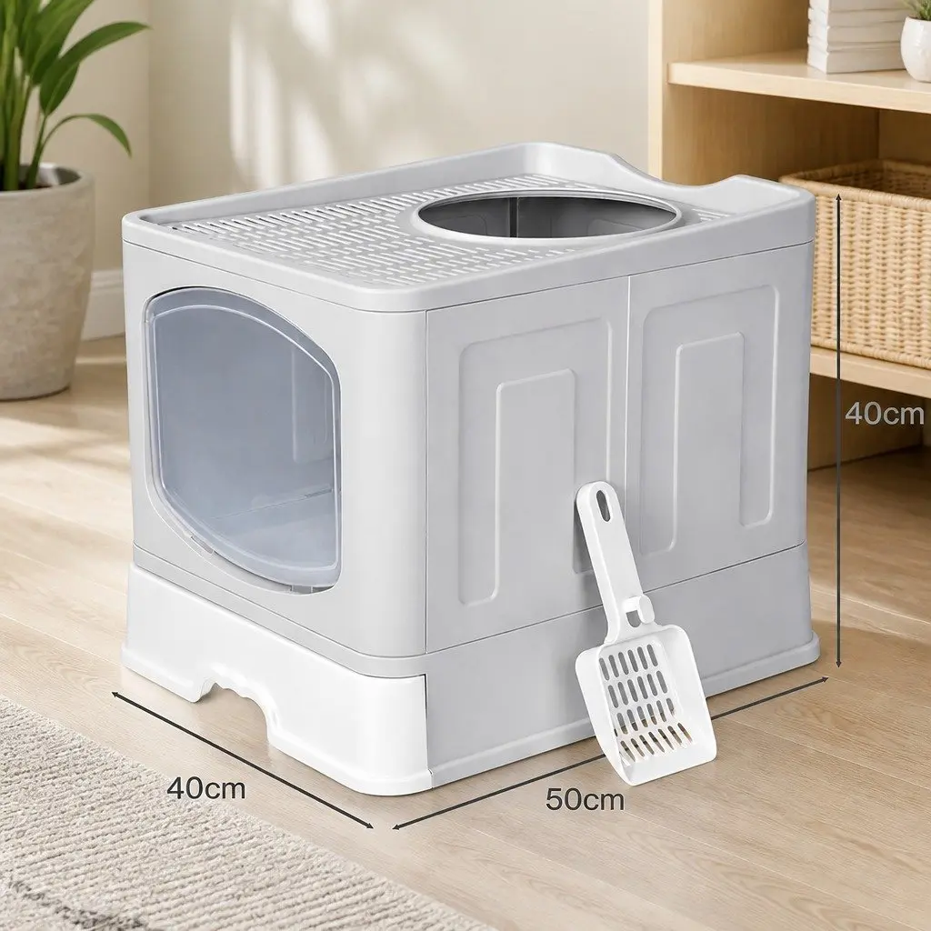 Cat Litter Box PP Plastic Large Foldable Enclosed Top Entry Grey