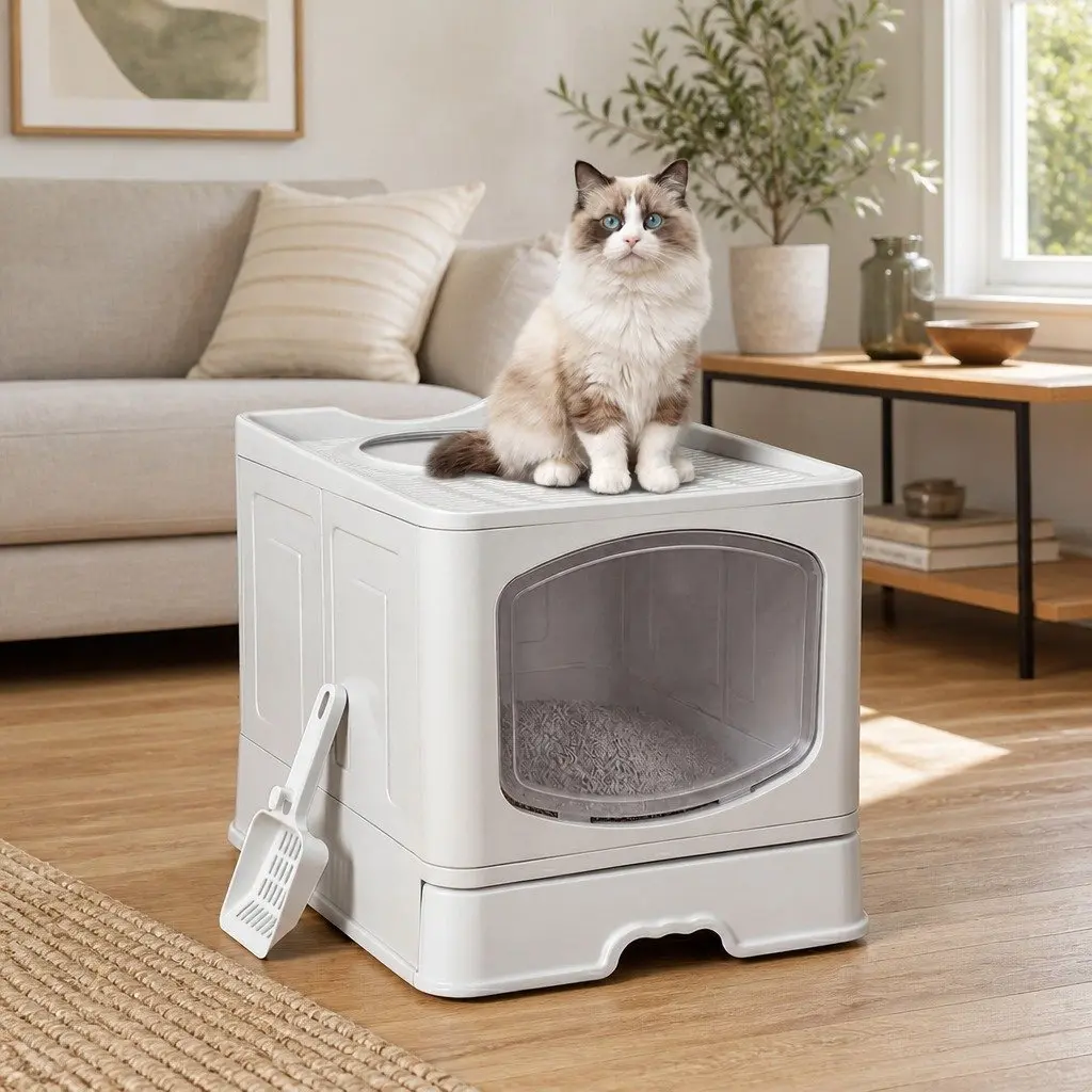 Cat Litter Box PP Plastic Large Foldable Enclosed Top Entry Grey