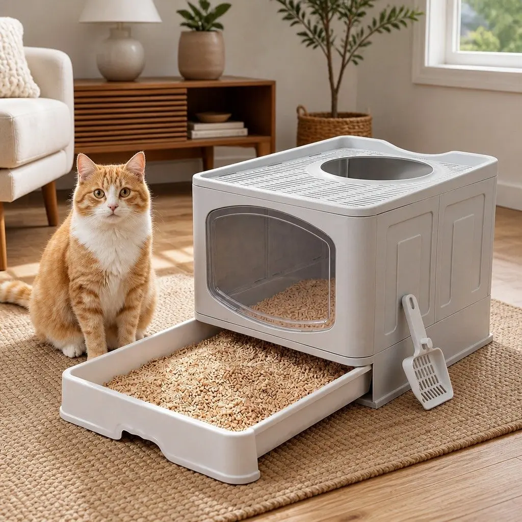 Cat Litter Box PP Plastic Large Foldable Enclosed Top Entry Grey