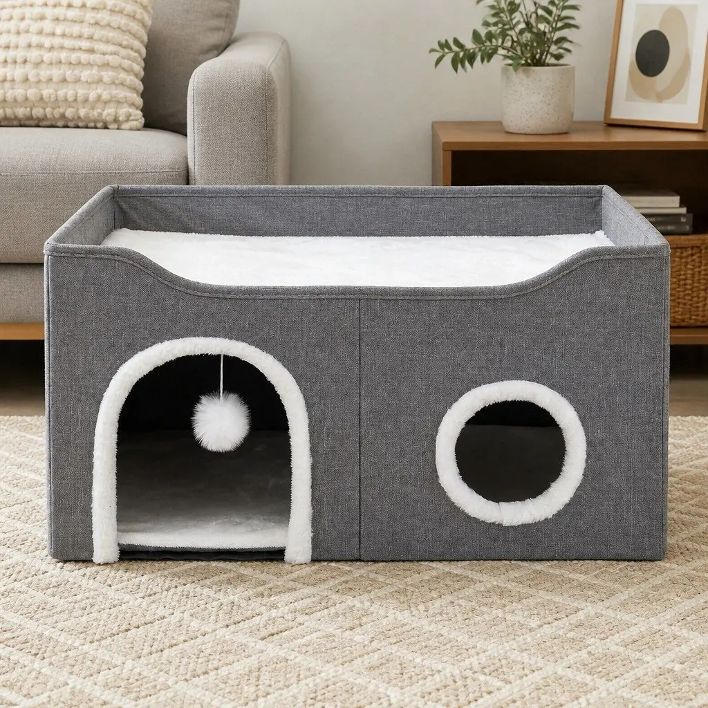 Foldable Cat House MDF Linen Felt Sisal Light Grey 60cm x 40cm x 33cm