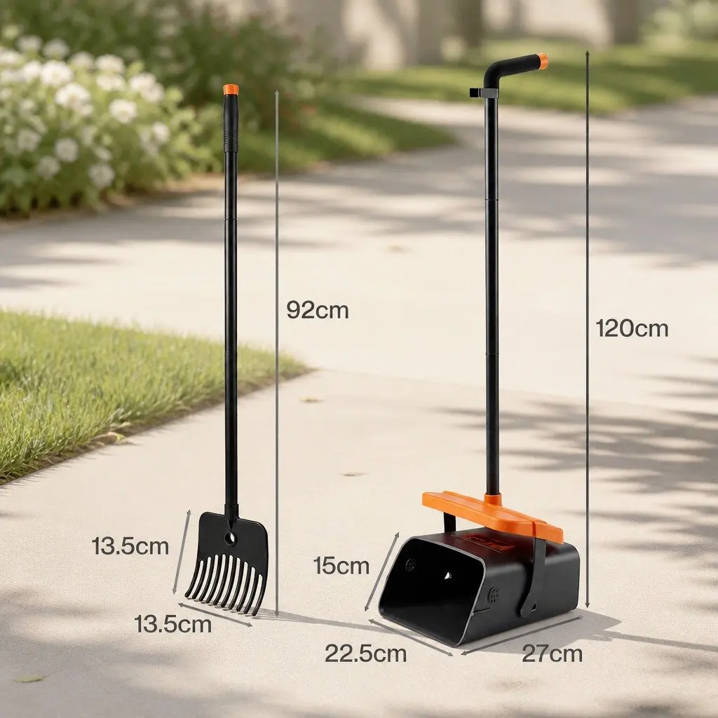 Dog Pooper Scooper Rake Long Handle Polypropylene Iron Thermoplastic Rubber Black and Orange
