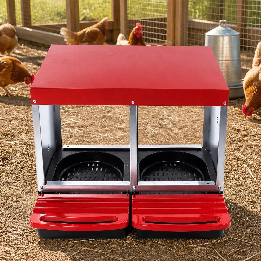 Chicken Nesting Box Galvanized Steel 53.3cm x 51.5cm x 47.5cm Red 2 Hole Roll Away Egg Collection Tray