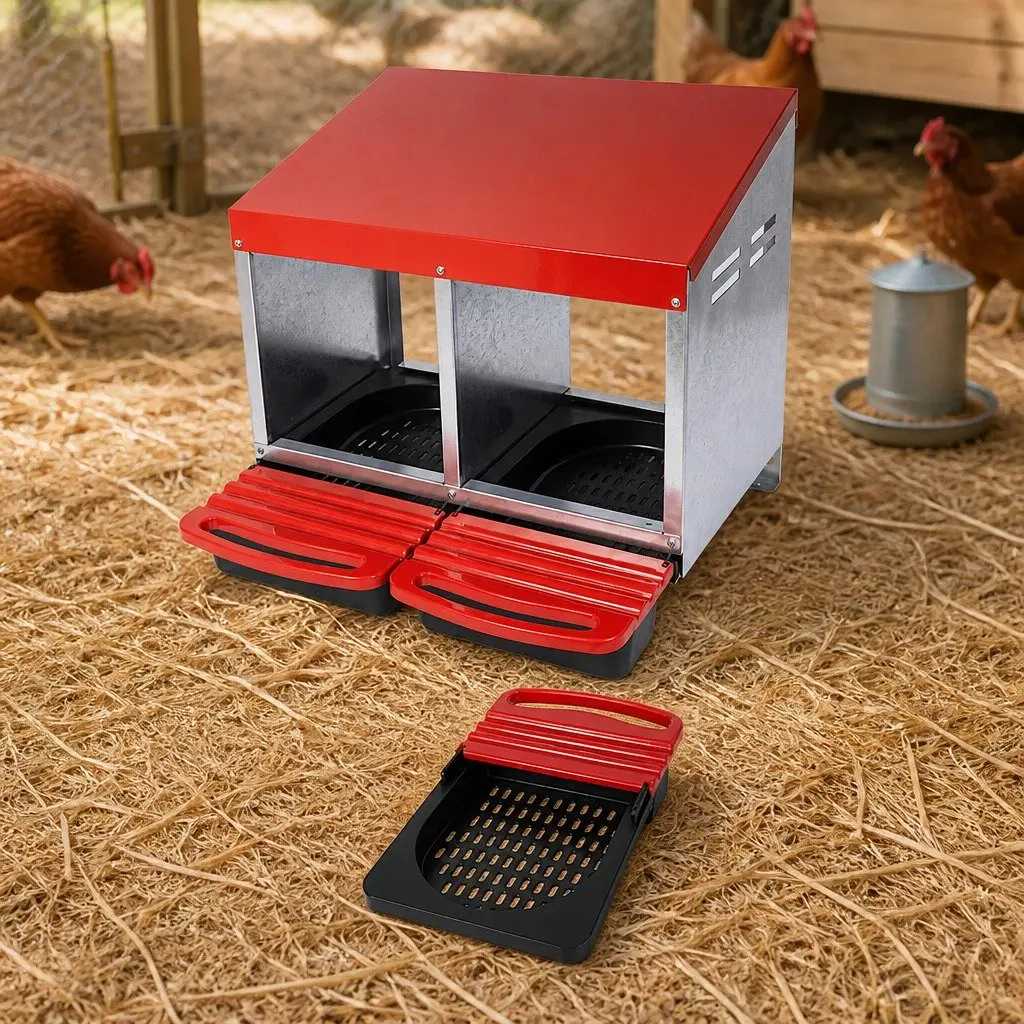 Chicken Nesting Box Galvanized Steel 53.3cm x 51.5cm x 47.5cm Red 2 Hole Roll Away Egg Collection Tray