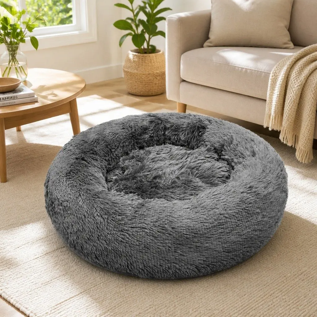 Round Plush Pet Bed Nest in Dark Grey 90cm