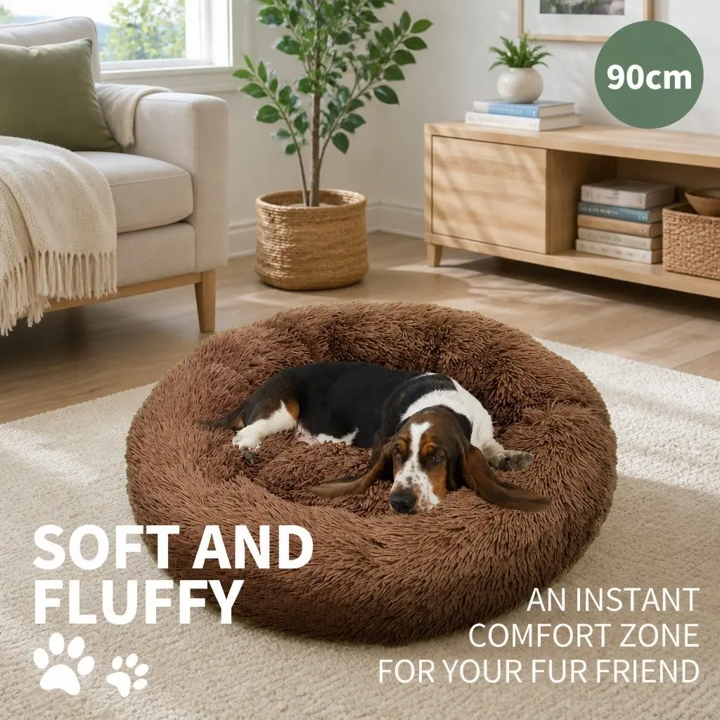 Large Round Dog Bed Plush Warm Pet Nest Cushion Cozy 90cm Light Coffee