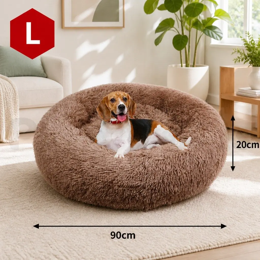 Large Round Dog Bed Plush Warm Pet Nest Cushion Cozy 90cm Light Coffee