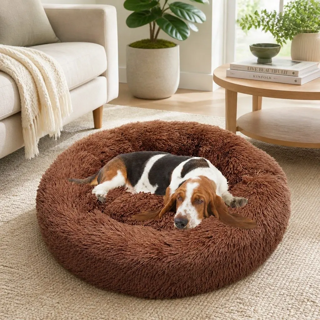 Large Round Dog Bed Plush Warm Pet Nest Cushion Cozy 90cm Light Coffee
