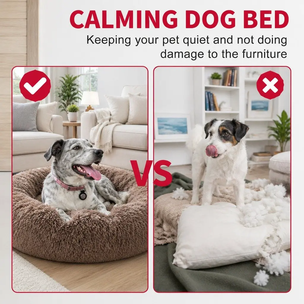 Large Round Dog Bed Plush Warm Pet Nest Cushion Cozy 90cm Light Coffee