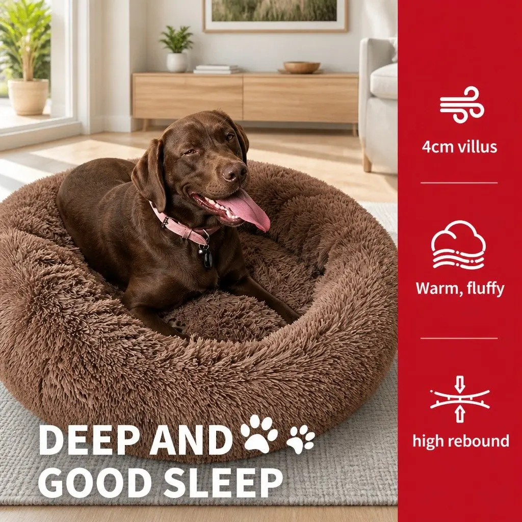 Large Round Dog Bed Plush Warm Pet Nest Cushion Cozy 90cm Light Coffee