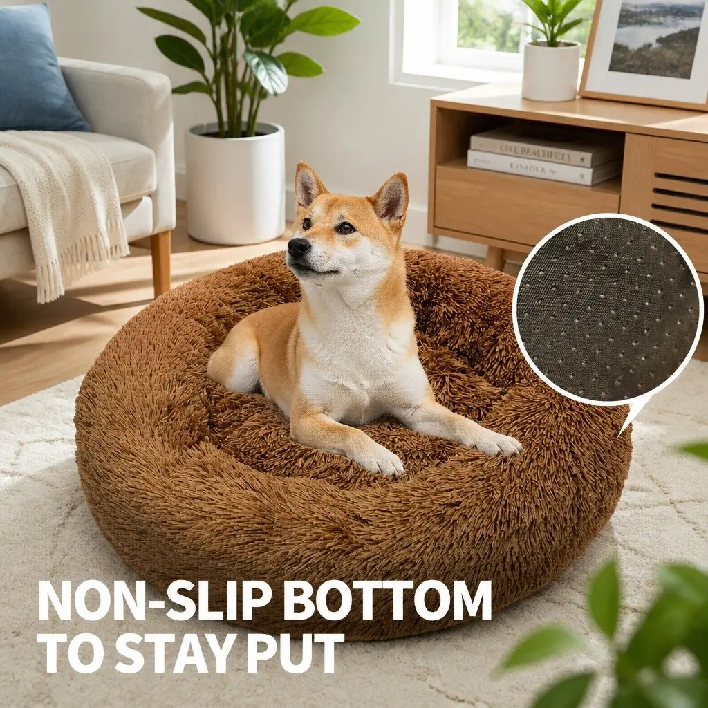 Large Round Dog Bed Plush Warm Pet Nest Cushion Cozy 90cm Light Coffee
