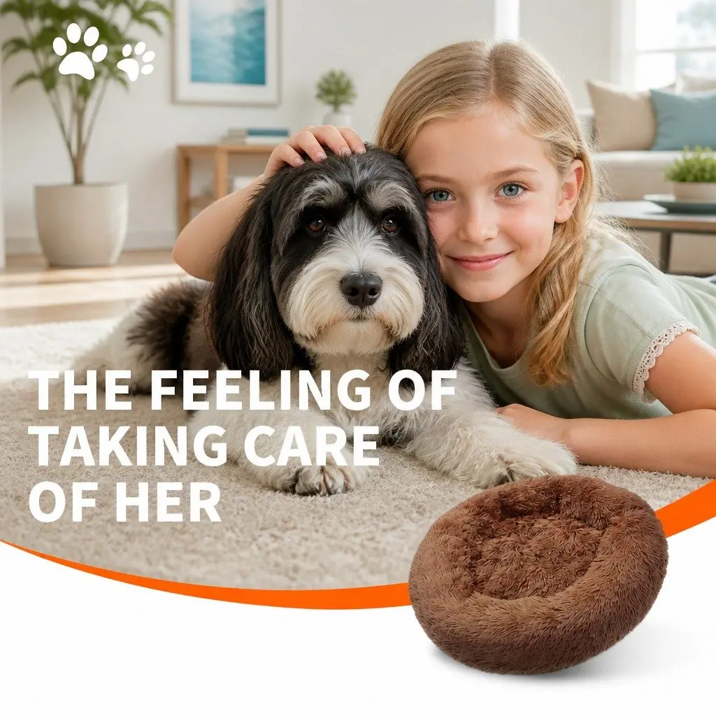 Large Round Dog Bed Plush Warm Pet Nest Cushion Cozy 90cm Light Coffee