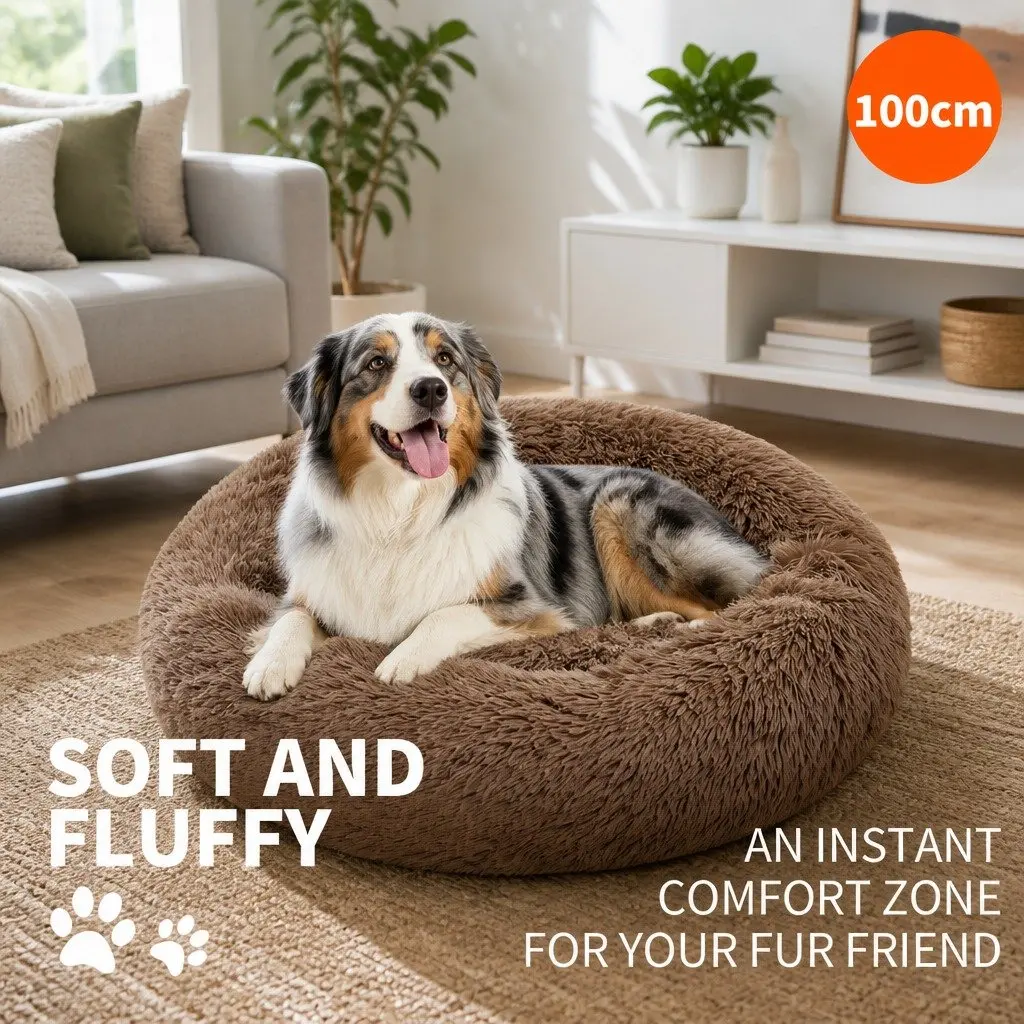 XL Round Dog Bed 100cm Light Coffee Plush Soft Nest