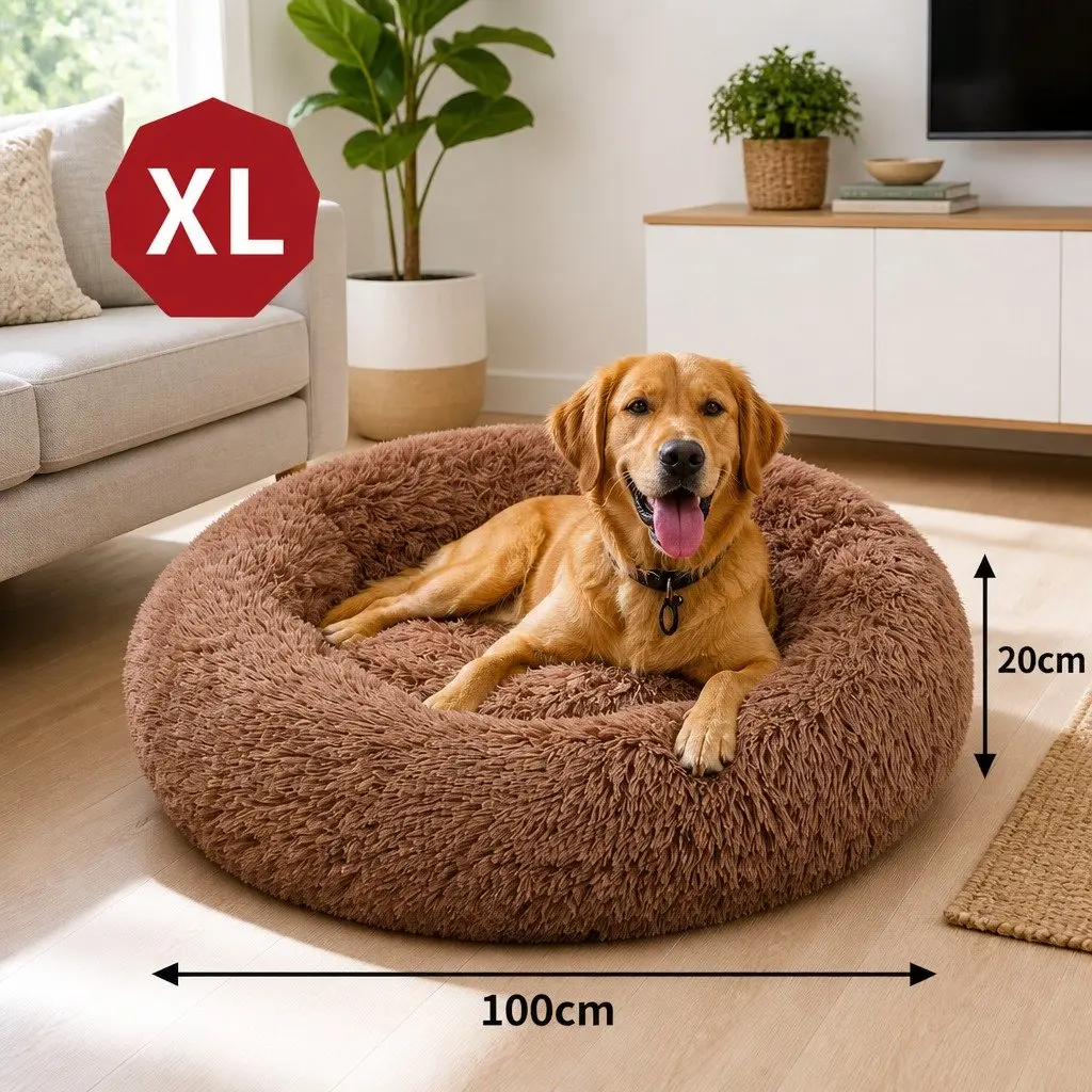 XL Round Dog Bed 100cm Light Coffee Plush Soft Nest