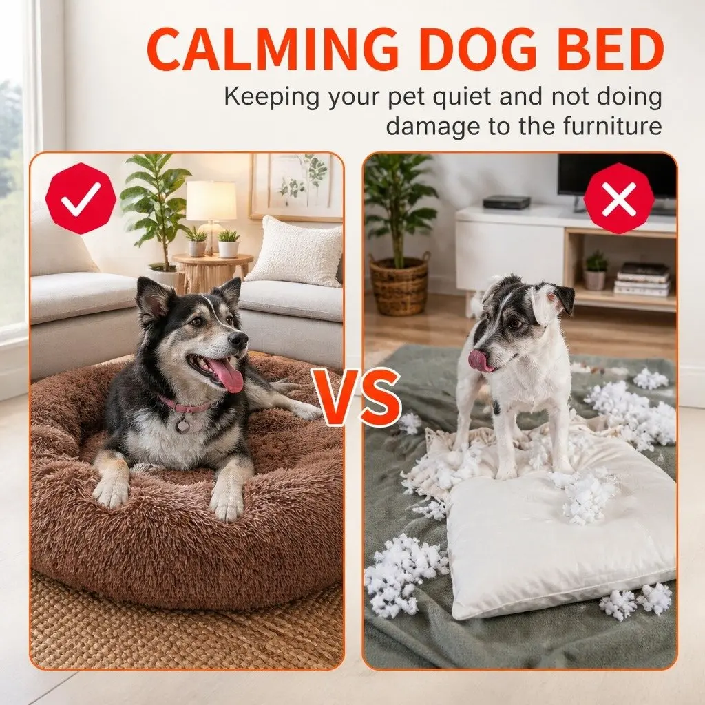 XL Round Dog Bed 100cm Light Coffee Plush Soft Nest