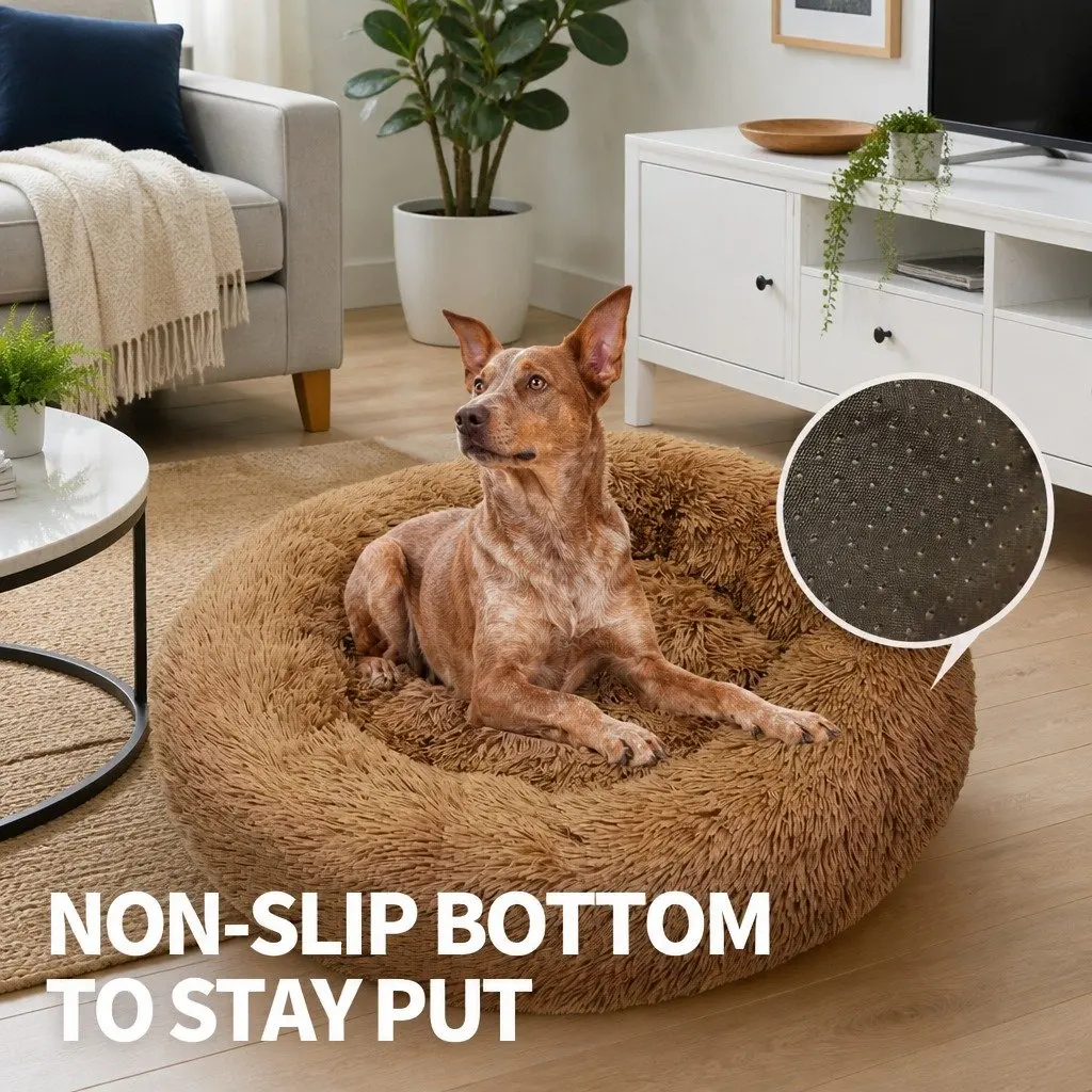 XL Round Dog Bed 100cm Light Coffee Plush Soft Nest