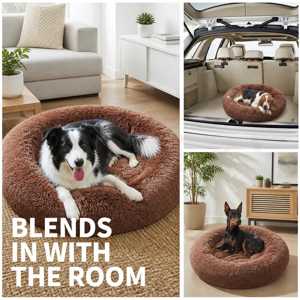 XL Round Dog Bed 100cm Light Coffee Plush Soft Nest