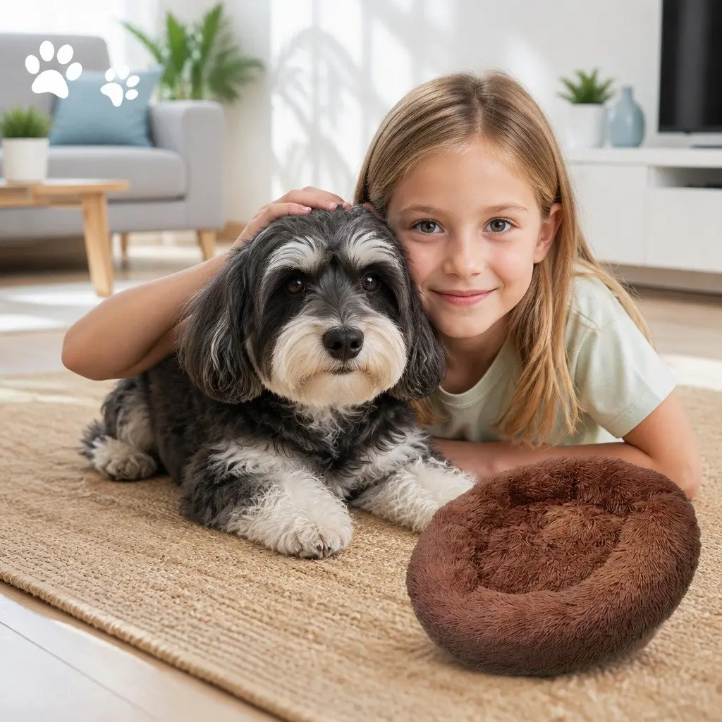 XL Round Dog Bed 100cm Light Coffee Plush Soft Nest