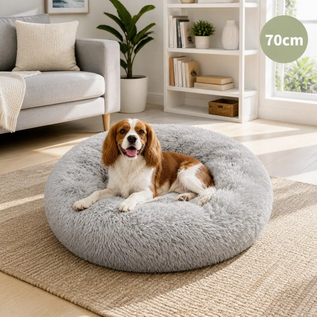 Round Dog Bed Warm Plush Nest Pet Bedding Comfortable M 70cm Light Grey