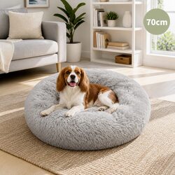 Light Grey Round Dog Bed: High-Quality Plush Nest M 70cm