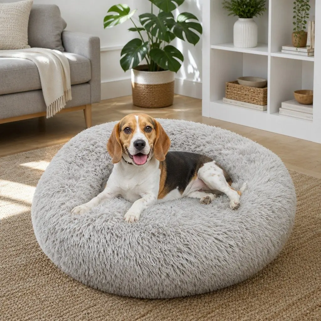 Round Dog Bed Warm Plush Nest Pet Bedding Comfortable M 70cm Light Grey
