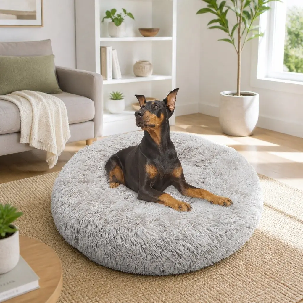 Round Dog Bed Warm Plush Nest Pet Bedding Comfortable M 70cm Light Grey