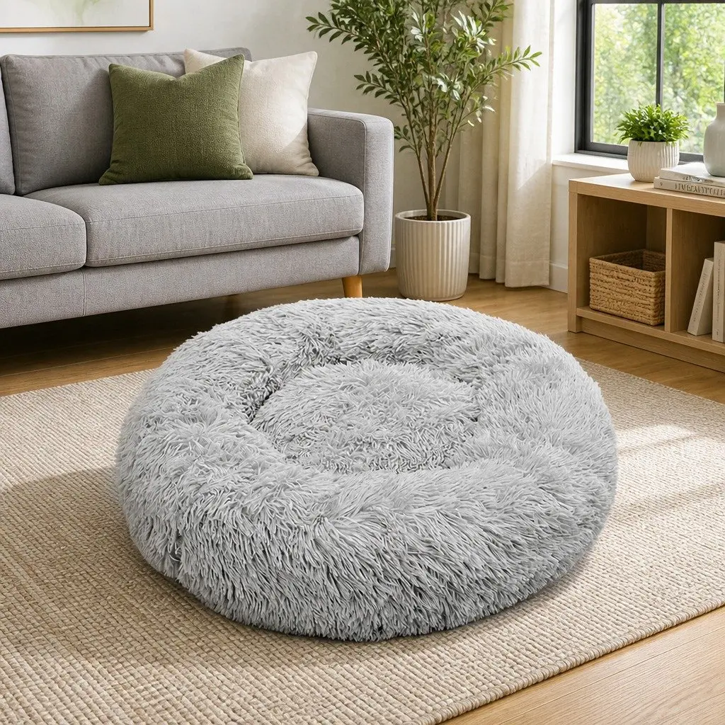 Round Dog Bed Warm Plush Nest Pet Bedding Comfortable M 70cm Light Grey