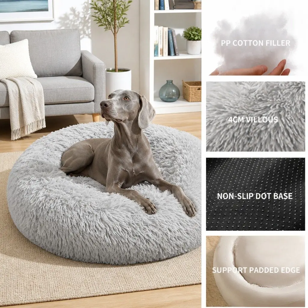 Round Dog Bed Warm Plush Nest Pet Bedding Comfortable M 70cm Light Grey