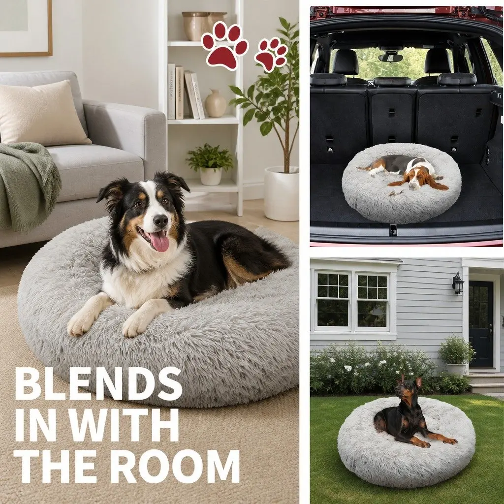 Round Dog Bed Warm Plush Nest Pet Bedding Comfortable M 70cm Light Grey