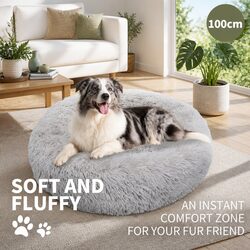 Premium XL Round Dog Bed Plush Comfort Kennel Light Grey 100cm