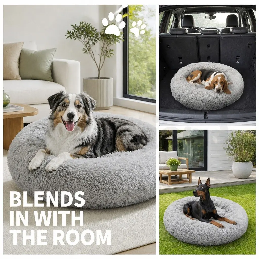 XL Round Dog Bed Polyester 100cm Light Grey